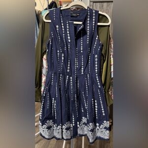 Just Taylor Navy Blue Sleeveless Dress with White Embroidery
